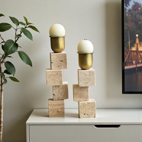 2’li Traverten Küp Şamdan + Mum Seti