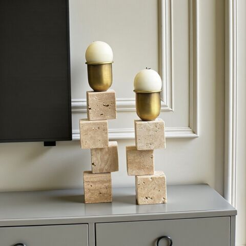 2’li Traverten Küp Şamdan + Mum Seti