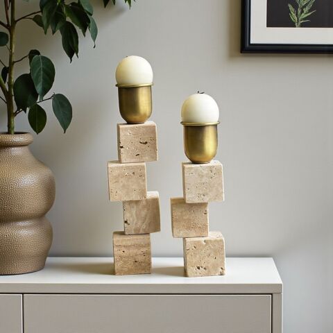 2’li Traverten Küp Şamdan + Mum Seti