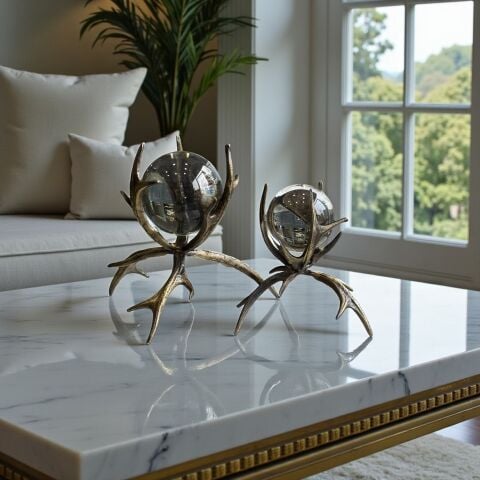 2’li Boynuz Döküm Küre Dekor Obje Seti – Eskitme