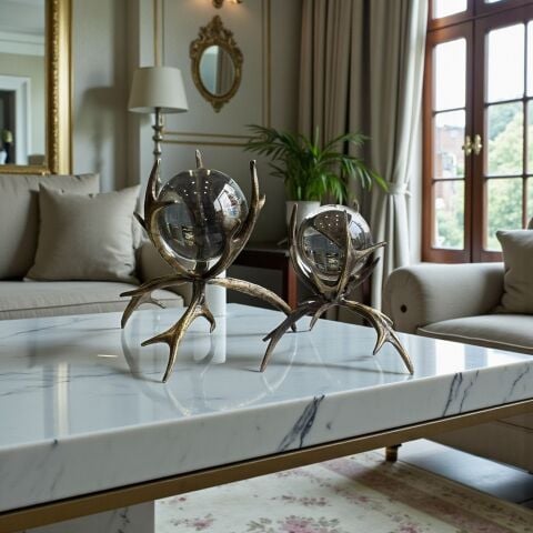 2’li Boynuz Döküm Küre Dekor Obje Seti – Eskitme