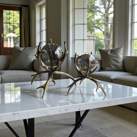 2’li Boynuz Döküm Küre Dekor Obje Seti – Eskitme