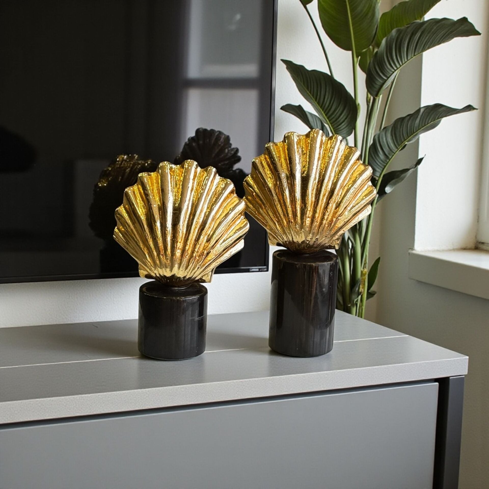 2’li Dekoratif Mermer Ayaklı İstiridye Obje Seti – Gold