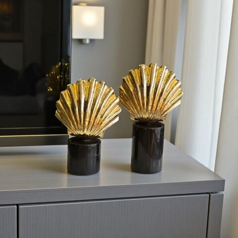 2’li Dekoratif Mermer Ayaklı İstiridye Obje Seti – Gold