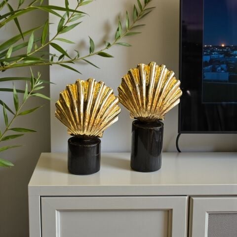 2’li Dekoratif Mermer Ayaklı İstiridye Obje Seti – Gold