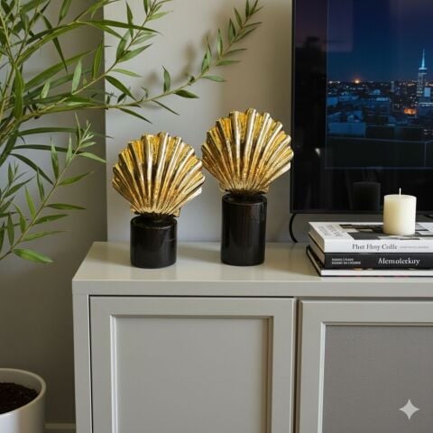 2’li Dekoratif Mermer Ayaklı İstiridye Obje Seti – Gold