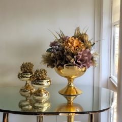 Dekoratif Darbeli Saksı Çiçek Aranjmanı & 2'li Mercan Ayaklı Kutu 3 Parça Set Gold