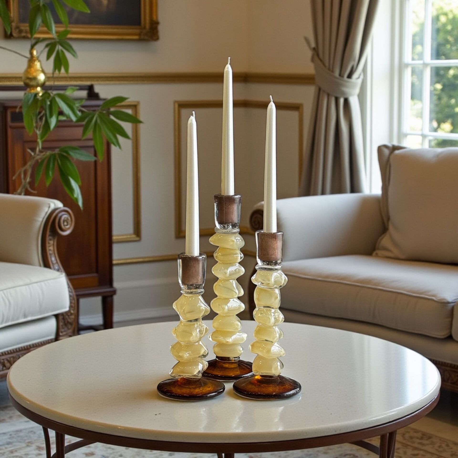 3’lü Dominoes Cam Mumluk Seti – Krem & Amber