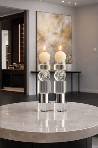 2'li Kristal Cam Mumluk + Mum – Gümüş