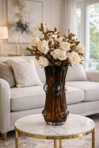 Dekoratif Cam Vazo 5 Dal Gül Aranjmanı – Büyük