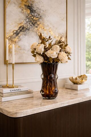 Dekoratif Cam Vazo 5 Dal Gül Aranjmanı – Büyük