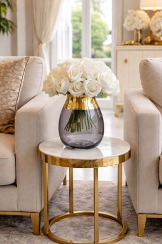 Füme Cam Vazo Altın Yaldızlı Bombeli Model – 4 Buket Gül