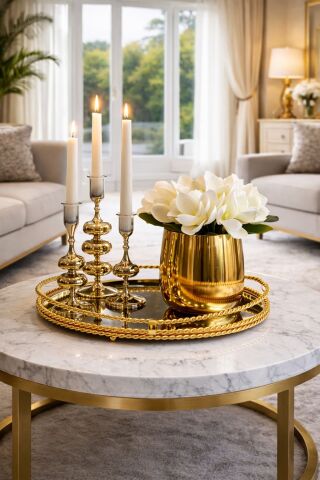 Zincir Tepsi Şamdan ve Vazo Seti - Gold