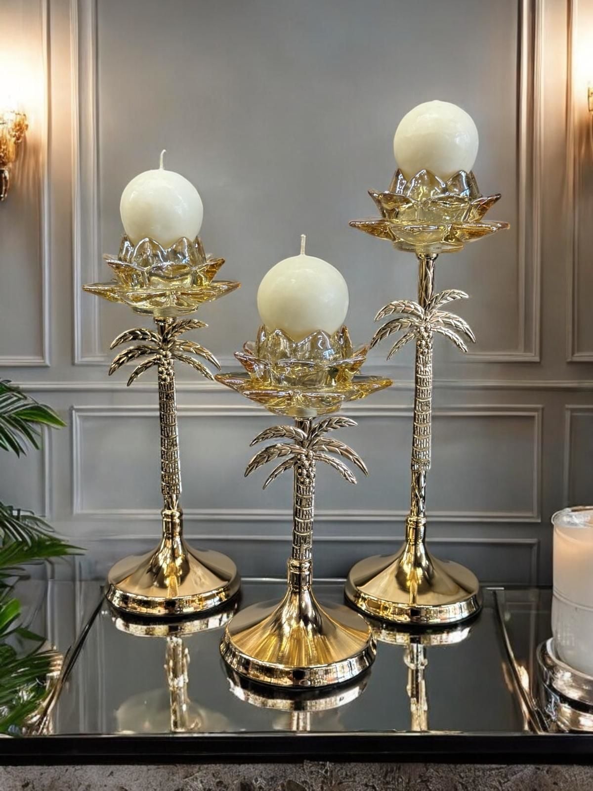 Dekoratif 3'lü Palmiye Kristal Metal Mumluk & Şamdan + Mum
