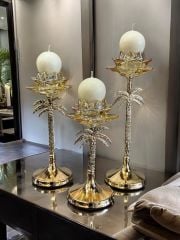 Dekoratif 3'lü Palmiye Kristal Metal Mumluk & Şamdan + Mum