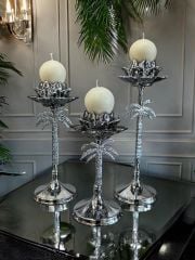 Dekoratif 3'lü Palmiye Kristal Metal Mumluk & Şamdan + Mum