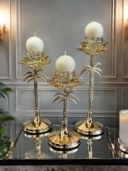 Dekoratif 3'lü Palmiye Kristal Metal Mumluk & Şamdan + Mum