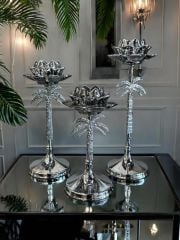 Dekoratif 3'lü Palmiye Kristal Metal Mumluk & Şamdan Gümüş
