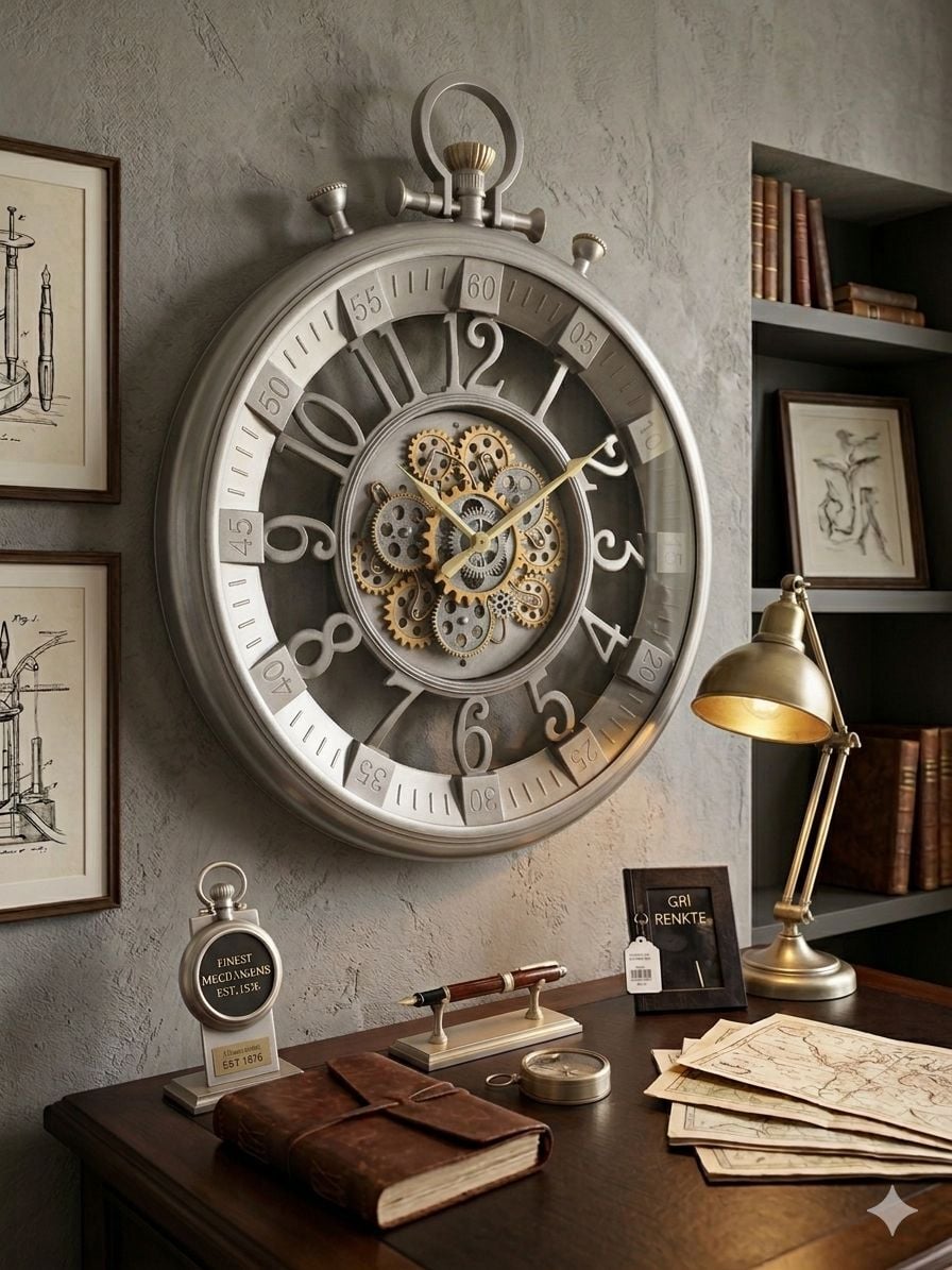 Çarklı Duvar Saati – 60 cm / Gümüş