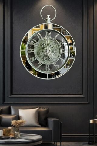 Kulplu Dekoratif Duvar Saati – Gümüş/Yeşil