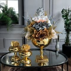 Dekoratif Lale Saksı Çiçek Aranjmanı & 2'li Mercan Ayaklı Kutu 3 Parça Set Gold
