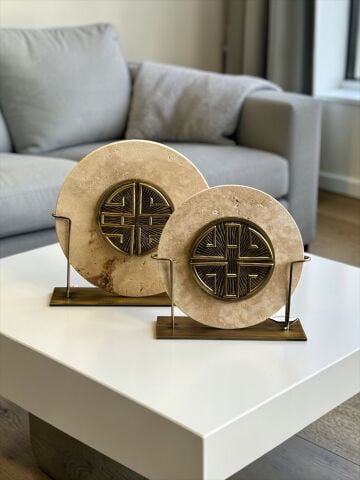 2’li Traverten Harf Disk Dekoratif Obje Seti