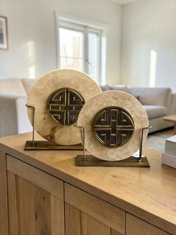 2’li Traverten Harf Disk Dekoratif Obje Seti