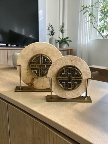 2’li Traverten Harf Disk Dekoratif Obje Seti