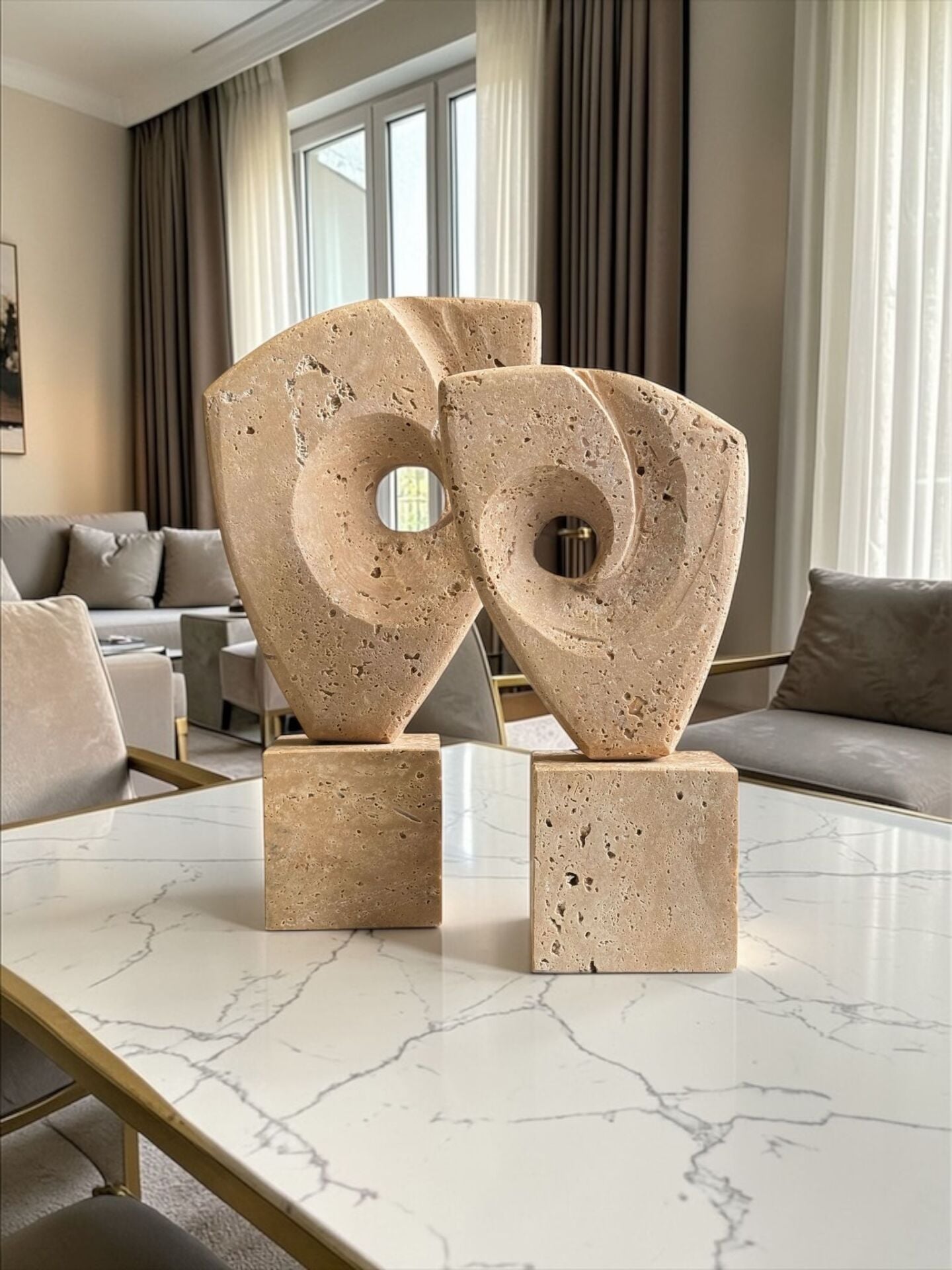 2’li Traverten Girdap Dekor Obje Seti