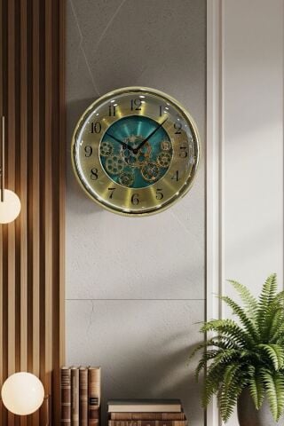 Çarklı Duvar Saati – Gold/Yeşil 35 cm