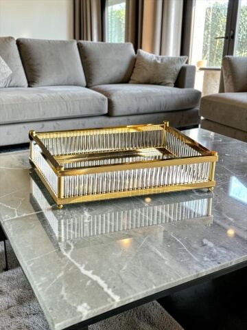 Lujo Çubuklu Dikdörtgen Premium Tepsi – Gold / Gümüş / Eskitme