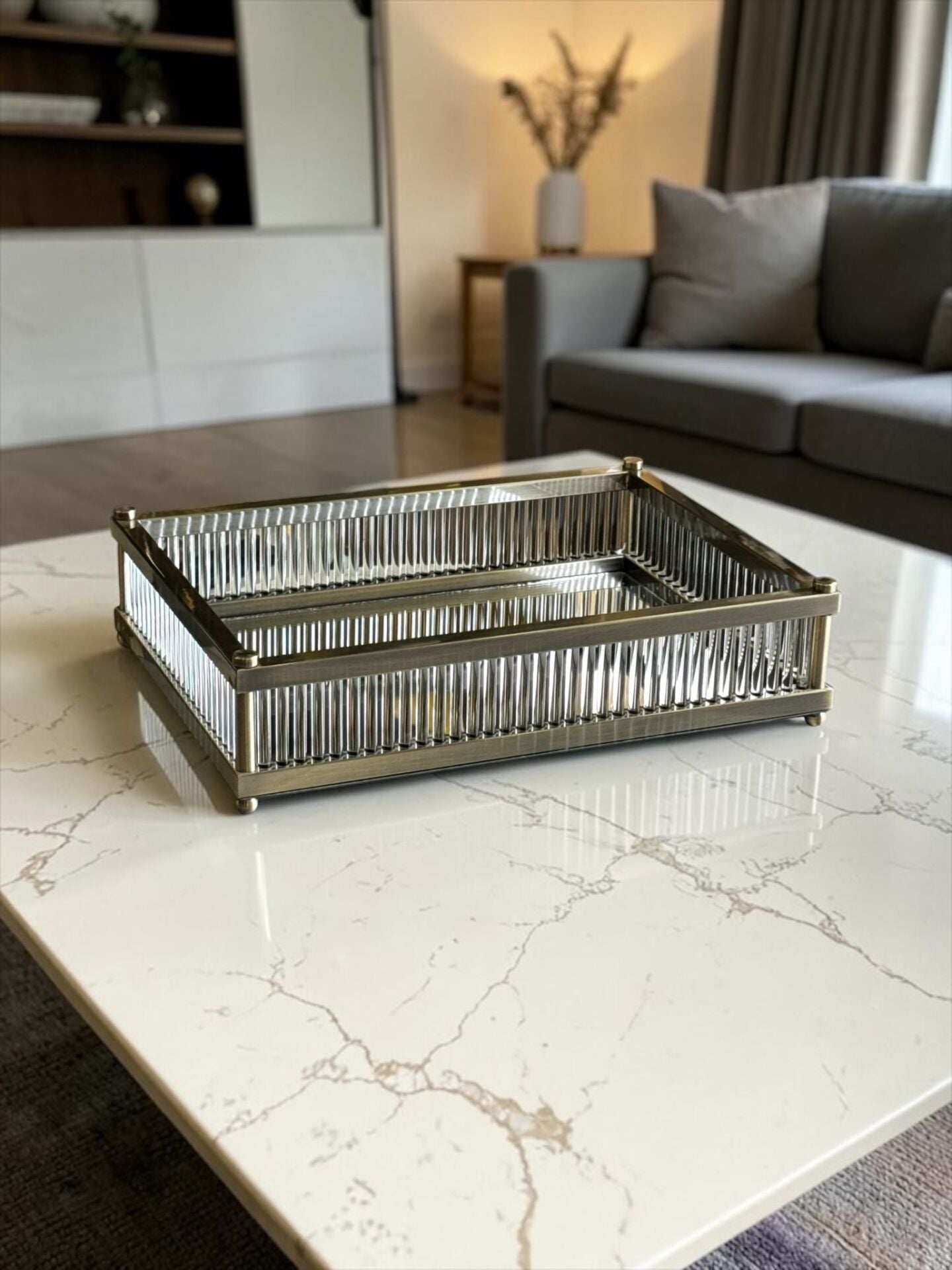 Lujo Çubuklu Dikdörtgen Premium Tepsi – Gold / Gümüş / Eskitme