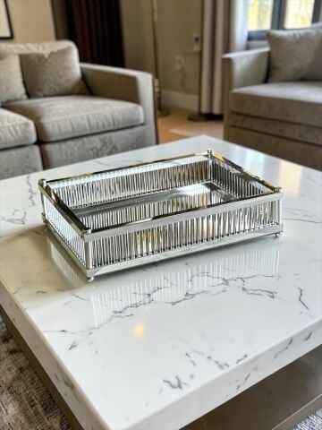 Lujo Çubuklu Dikdörtgen Premium Tepsi – Gold / Gümüş / Eskitme