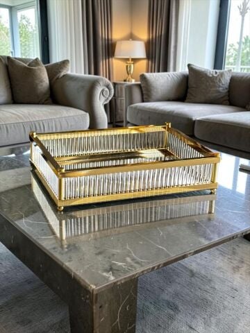 Lujo Çubuklu Dikdörtgen Premium Tepsi – Gold / Gümüş / Eskitme Gold
