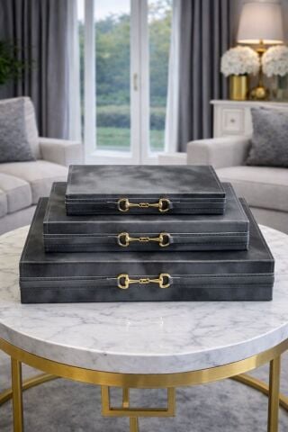 3’lü Deri Kitap Kutusu Seti – Gri