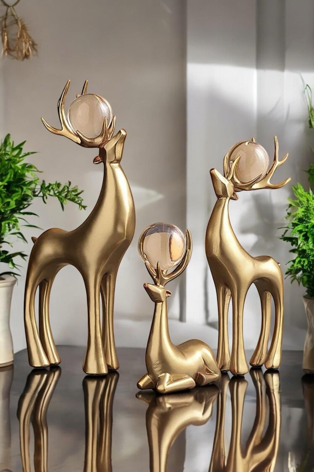 3'lü Dekoratif Geyik Aksesuar & Biblo Takımı Gold