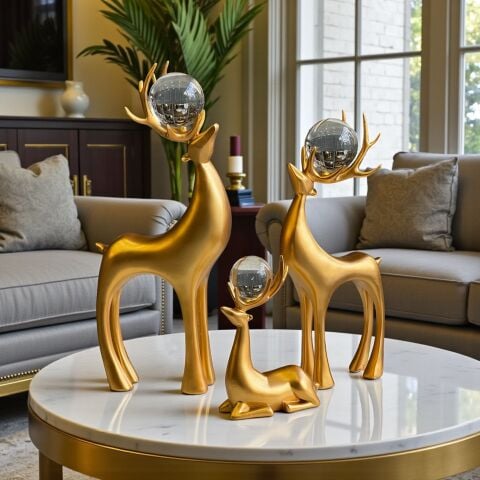 3'lü Dekoratif Geyik Aksesuar & Biblo Takımı Gold