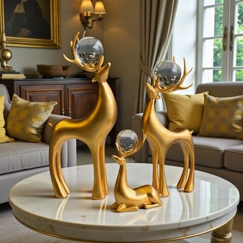 3'lü Dekoratif Geyik Aksesuar & Biblo Takımı Gold