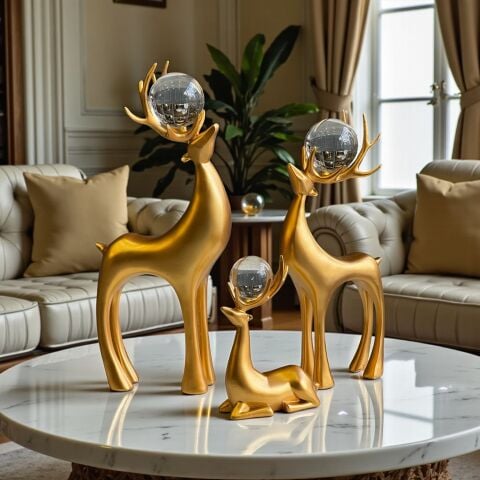 3'lü Dekoratif Geyik Aksesuar & Biblo Takımı Gold