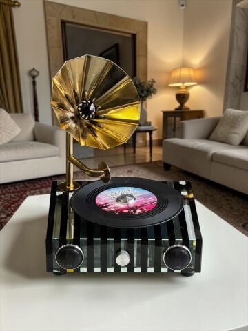 Dekoratif Kristal Gramafon Plaklı Obje