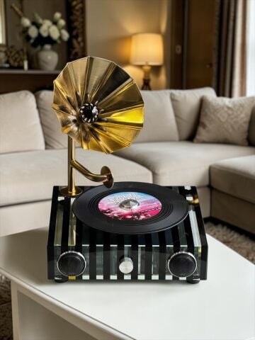 Dekoratif Kristal Gramafon Plaklı Obje