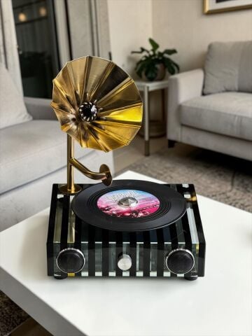 Dekoratif Kristal Gramafon Plaklı Obje