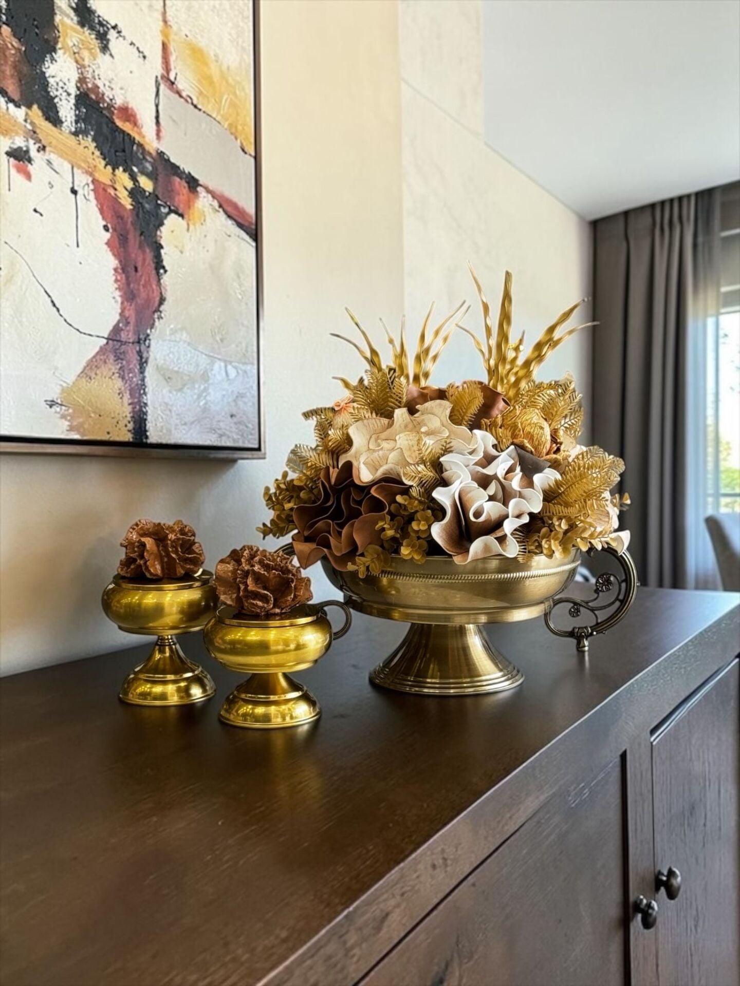 Zamak Kollu Saksı Aranjmanı & 2'li Mercan Ayaklı Kutu – 3 Parça Eskitme Set