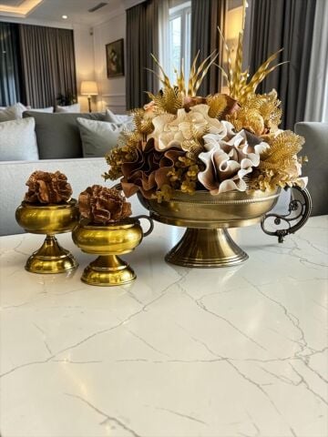 Zamak Kollu Saksı Aranjmanı & 2'li Mercan Ayaklı Kutu – 3 Parça Eskitme Set