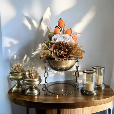 Zincir Saksı Çiçek aranjmanı & 2'li Mercan Ayaklı Kutu & 2'li Mumluk  5 Parça Set Eskitme