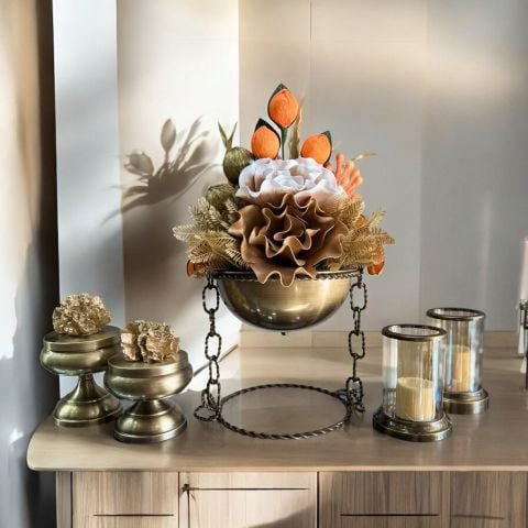 Zincir Saksı Çiçek aranjmanı & 2'li Mercan Ayaklı Kutu & 2'li Mumluk  5 Parça Set Eskitme