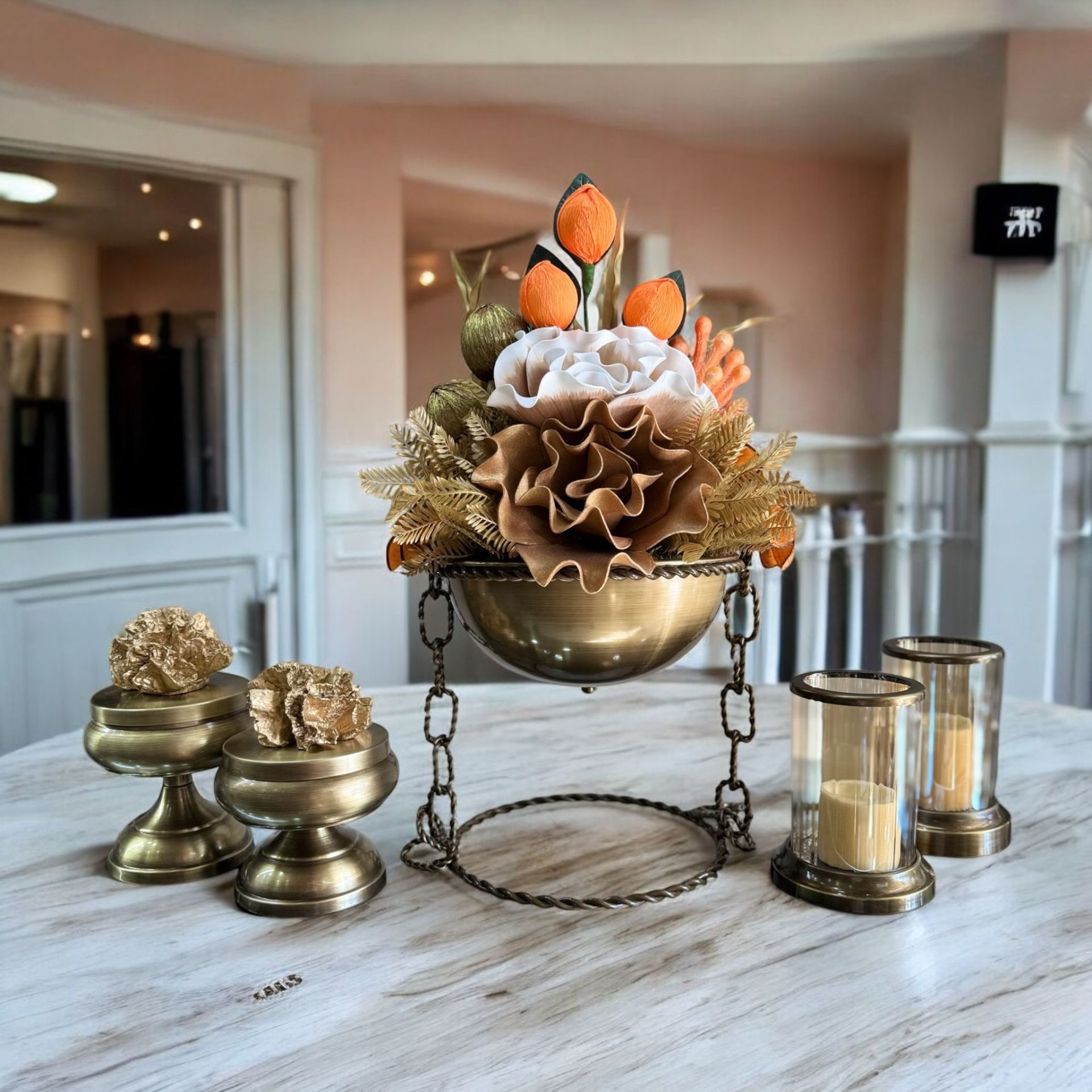 Zincir Saksı Çiçek aranjmanı & 2'li Mercan Ayaklı Kutu & 2'li Mumluk  5 Parça Set Eskitme