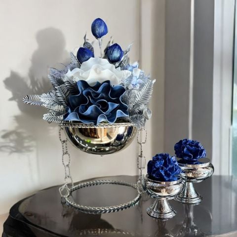 Zincir Saksı Çiçek aranjmanı & 2'li Mercan Ayaklı Kutu 3 Parça Set Gümüş