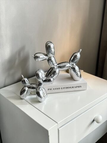 2’li Balon Köpek Dekor Obje Gümüş Seti