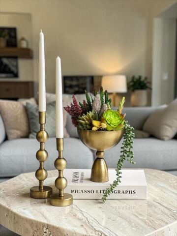 Huni Ayaklı Top Saksı Sukulent & 2’li Dekoratif Top Şamdan + Mum – Eskitme